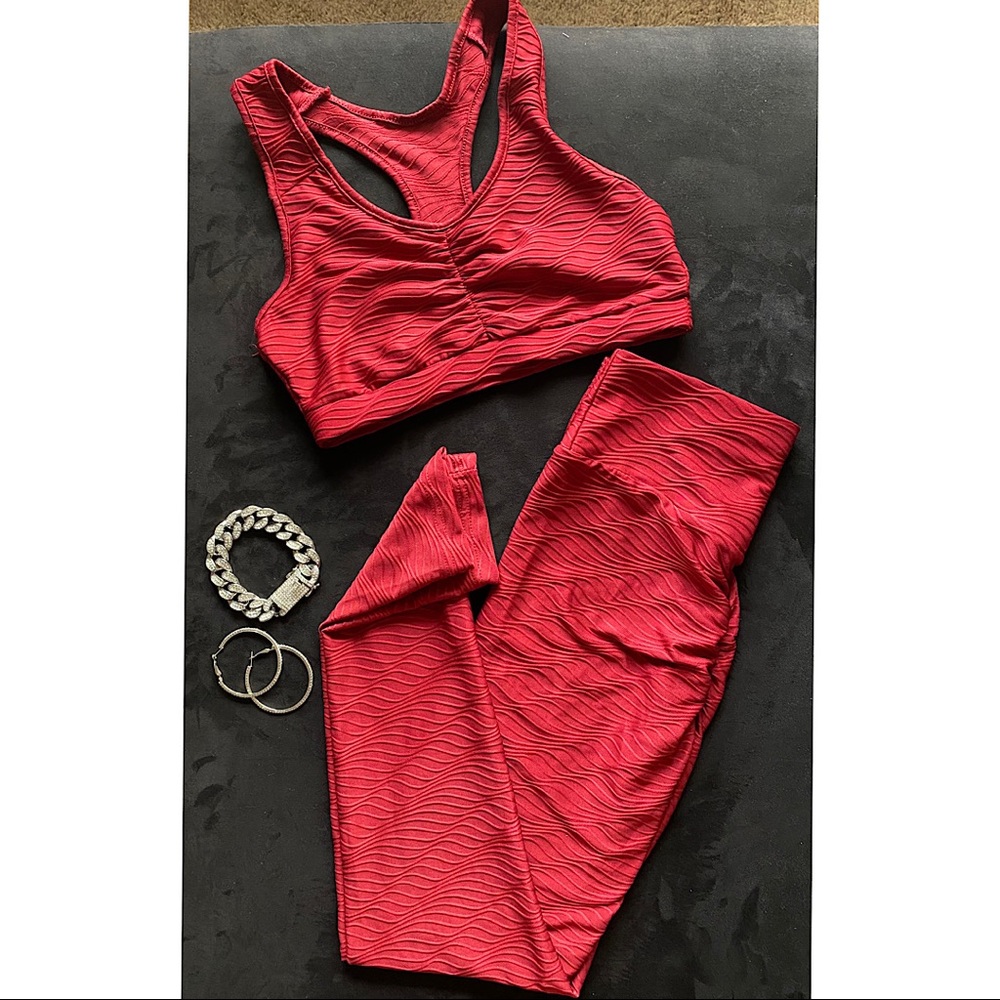 2 Piece Sports Bra Leggings Set - Dark Red